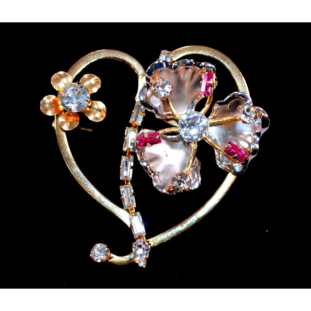 Vtg Gold Tone Brooch Pin Heart Shaped Double Flower Clear Pink Rhinestones 2.5"